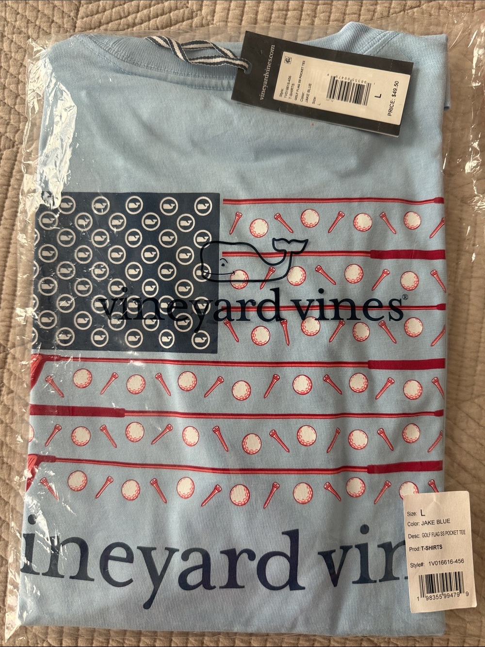 Vineyard Vines Light Blue Patriotic Graphic Pocket Tee with Navy & Red Accents